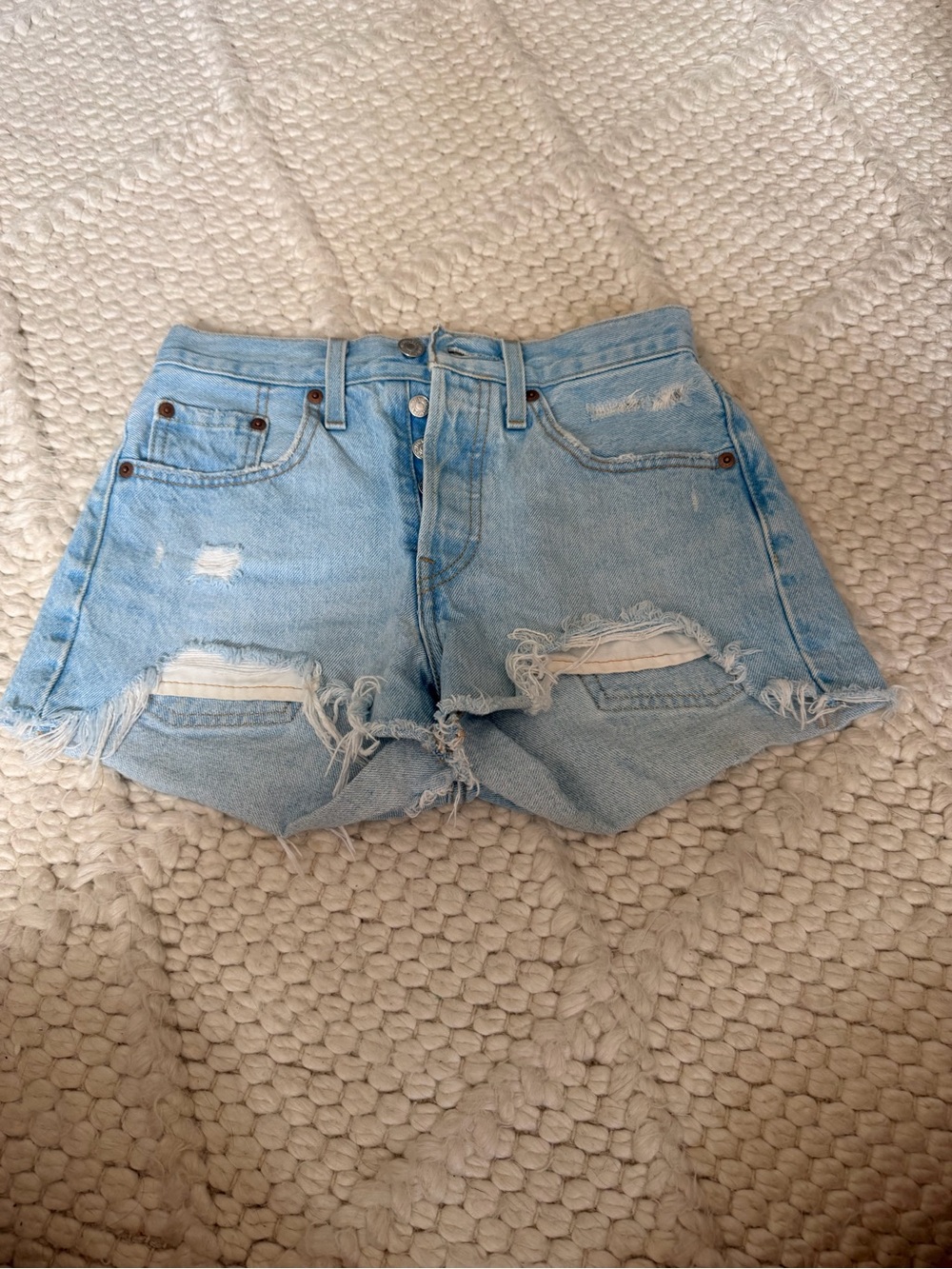Levi's light blue distressed denim shorts- Levi’s 501